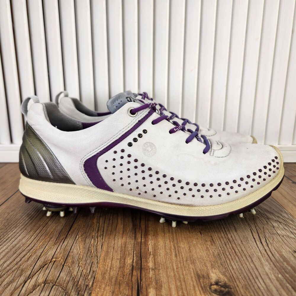 ECCO Biom G2 HydroMax Yak Leather Womens Sz 9 White Purple Waterproof Golf Shoes